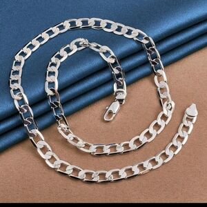 925 Silver 8mm Curb Flat Side Cubin Link Chain Necklace 20"